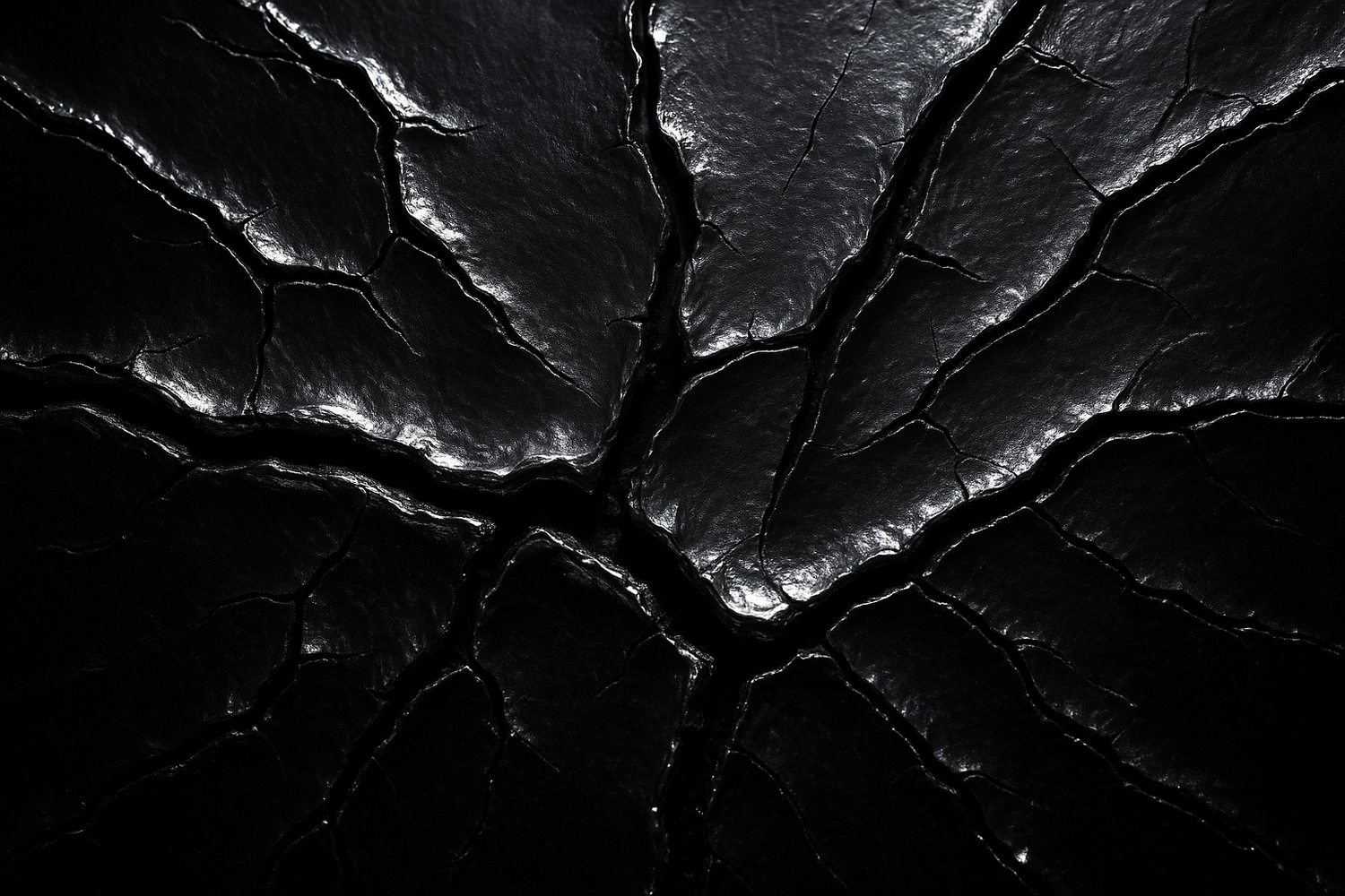 Black backgroud with silver metallic liquid cracking in cuts with silver metal lava in the crack